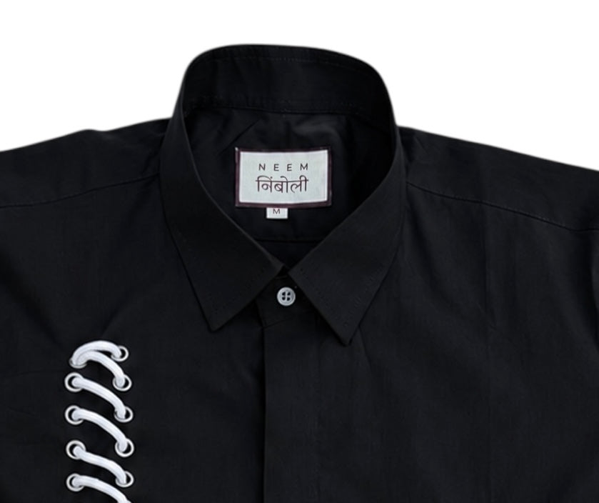 Black Lace Up Cotton Shirt
