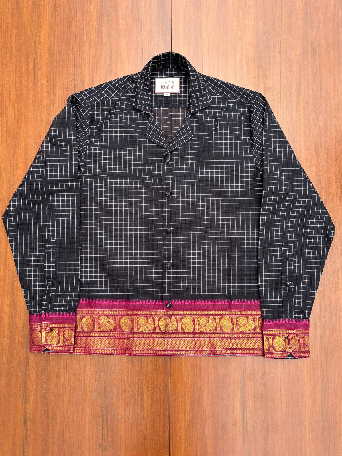 Midnight Grid Peacock Border Cotton Shirt