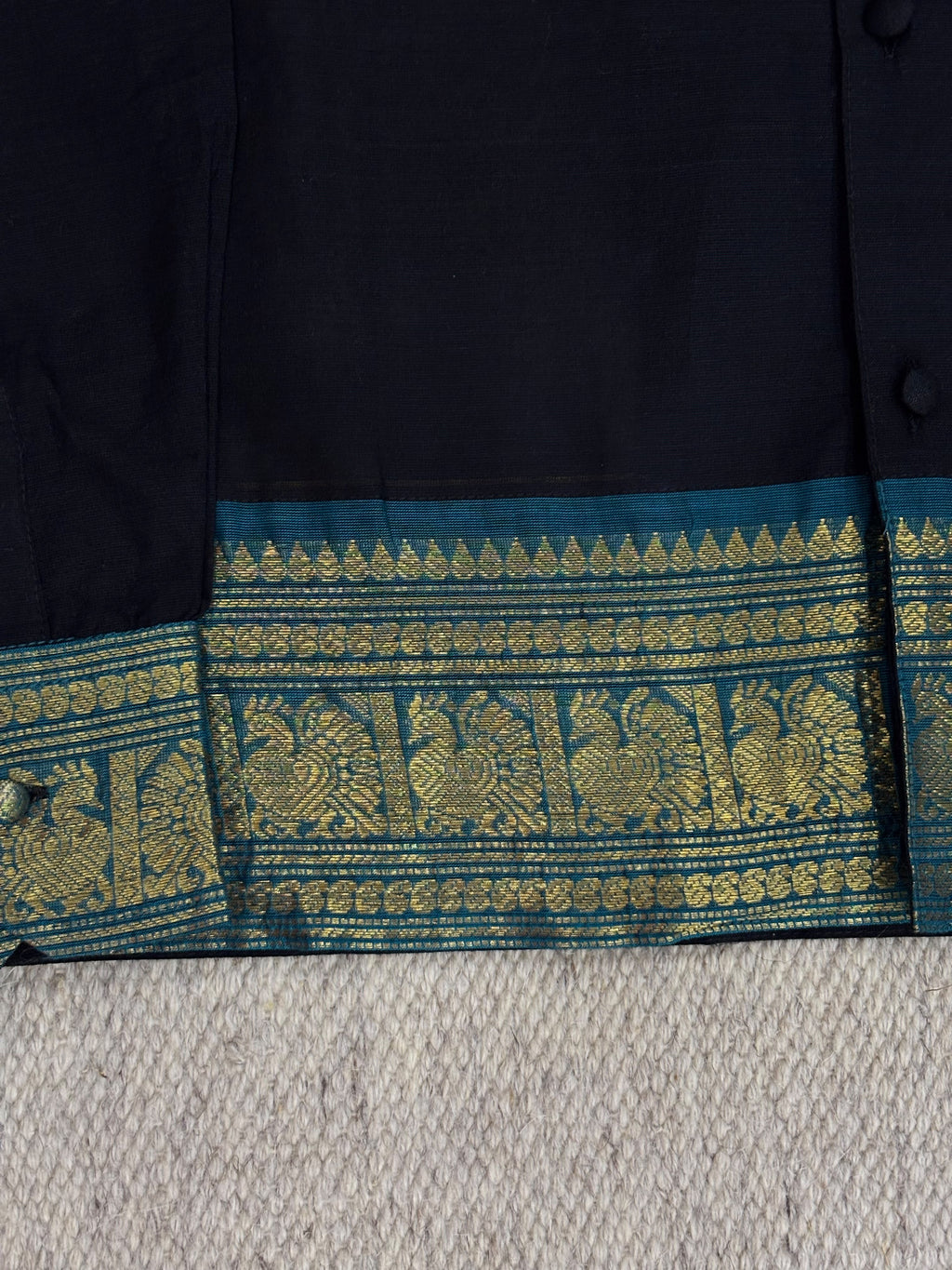 Midnight Black Teal Elephant Zari Border Cotton Shirt