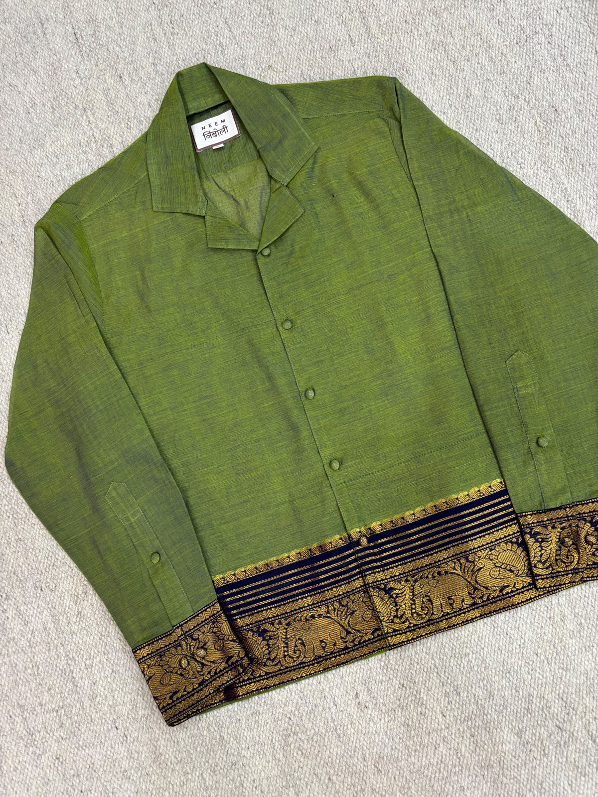 Olive Green Navy Elephant Zari Border Cotton Shirt