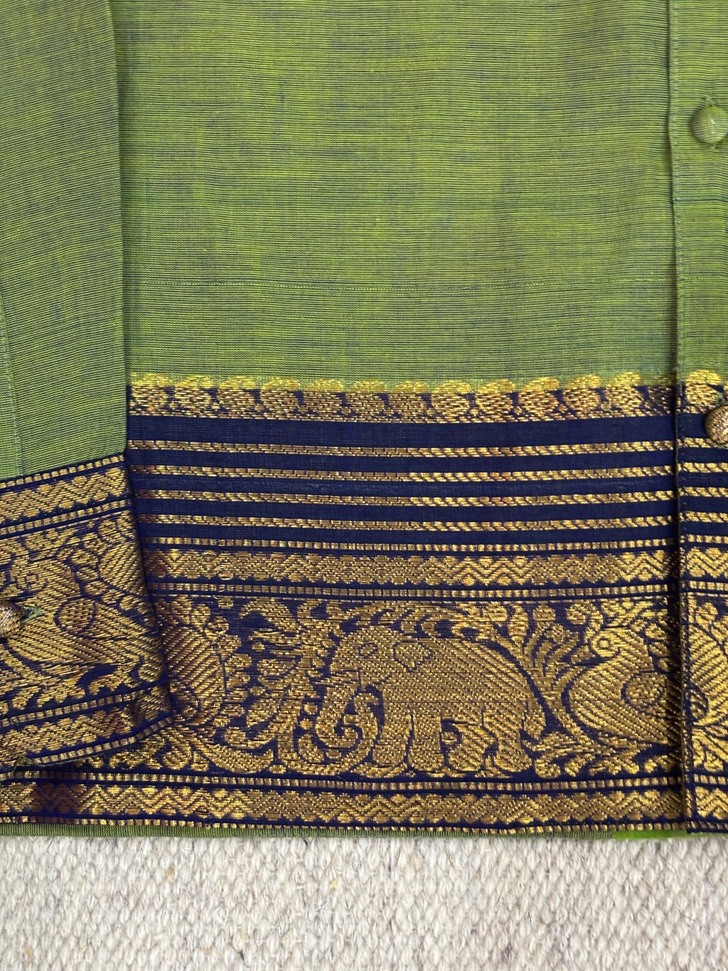 Olive Green Navy Elephant Zari Border Cotton Shirt