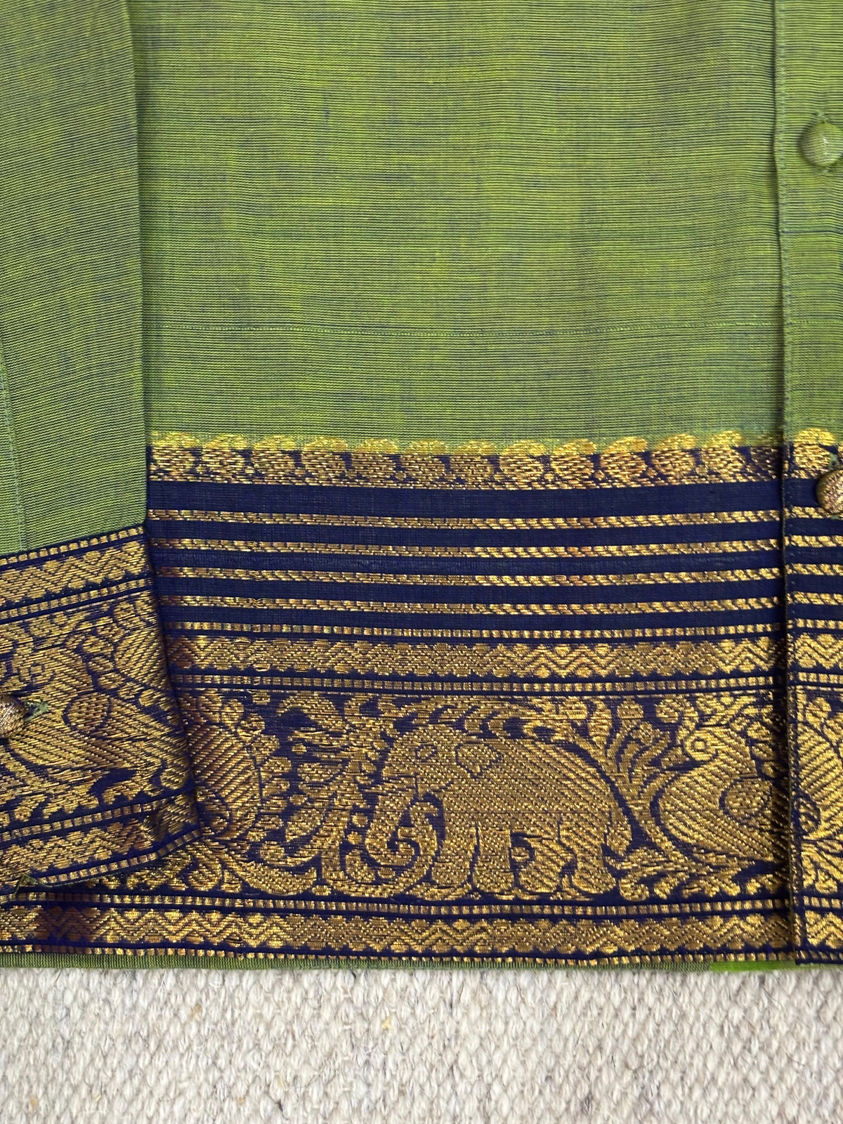 Olive Green Navy Elephant Zari Border Cotton Shirt