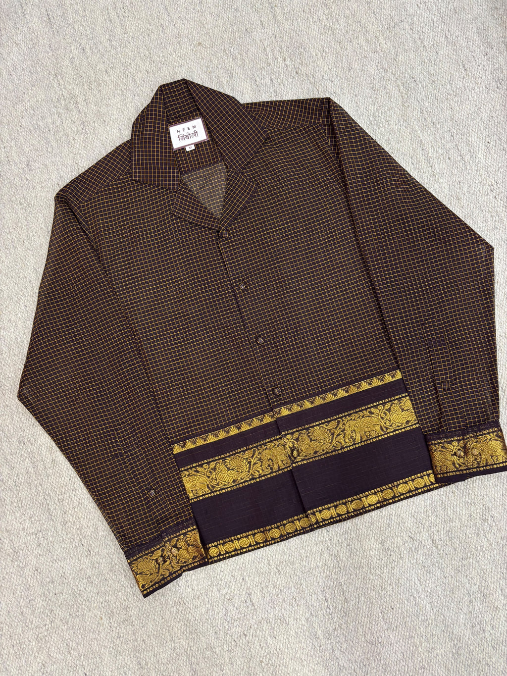 Dark Chocolate Grid Elephant Zari Border Cotton Shirt