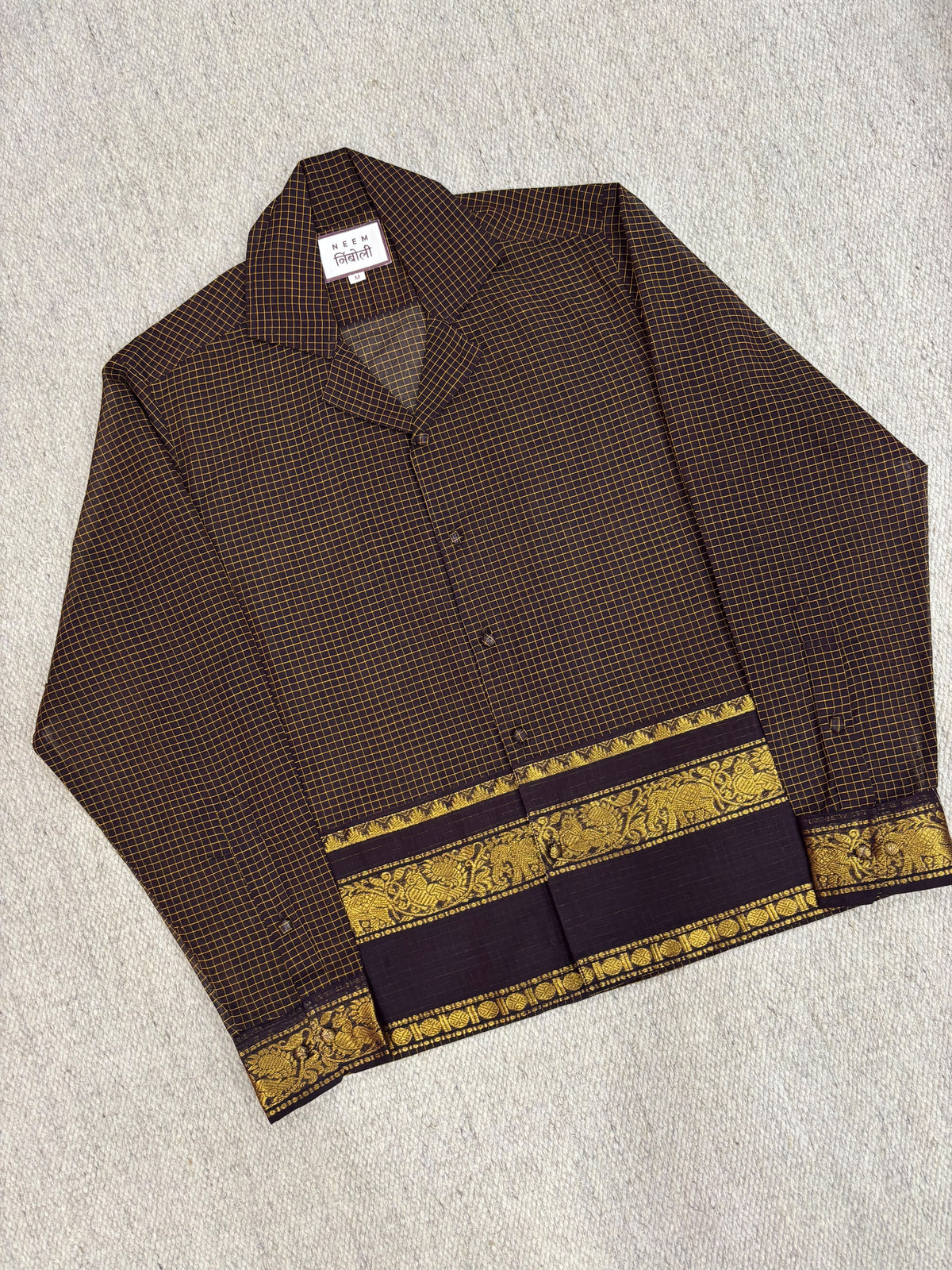 Dark Chocolate Grid Elephant Zari Border Cotton Shirt