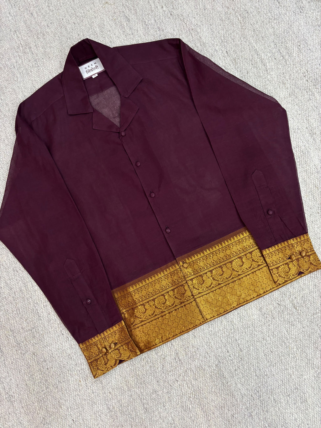 Deep Plum Teal Elephant Zari Border Cotton Shirt