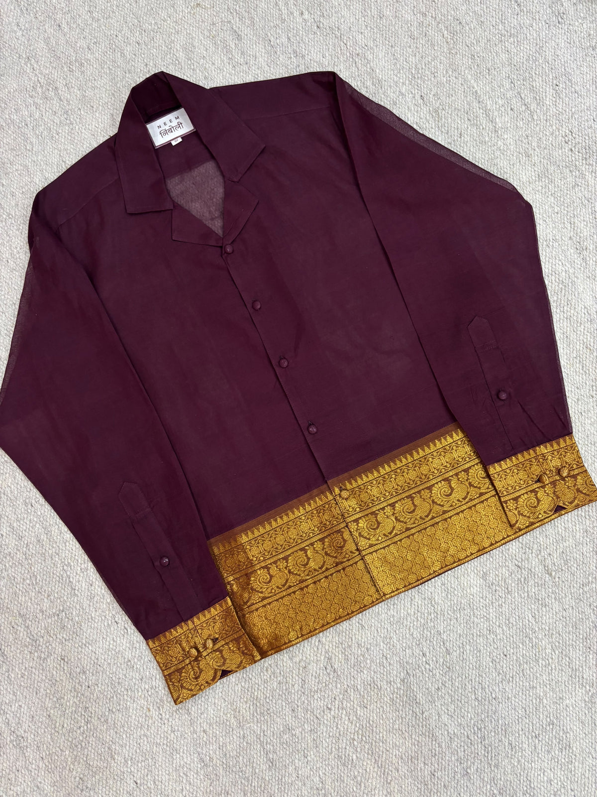 Deep Plum Teal Elephant Zari Border Cotton Shirt