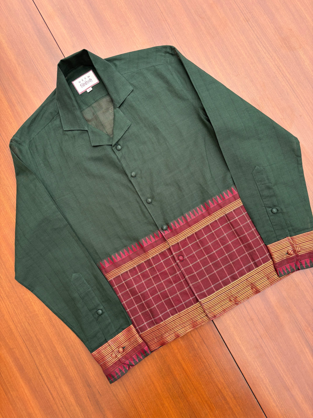 Forest Green Temple Border Cotton Shirt