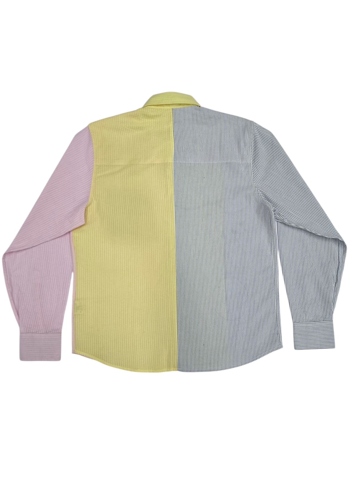 Color-blocked shirt with pink, yellow, and gray sections on a white background