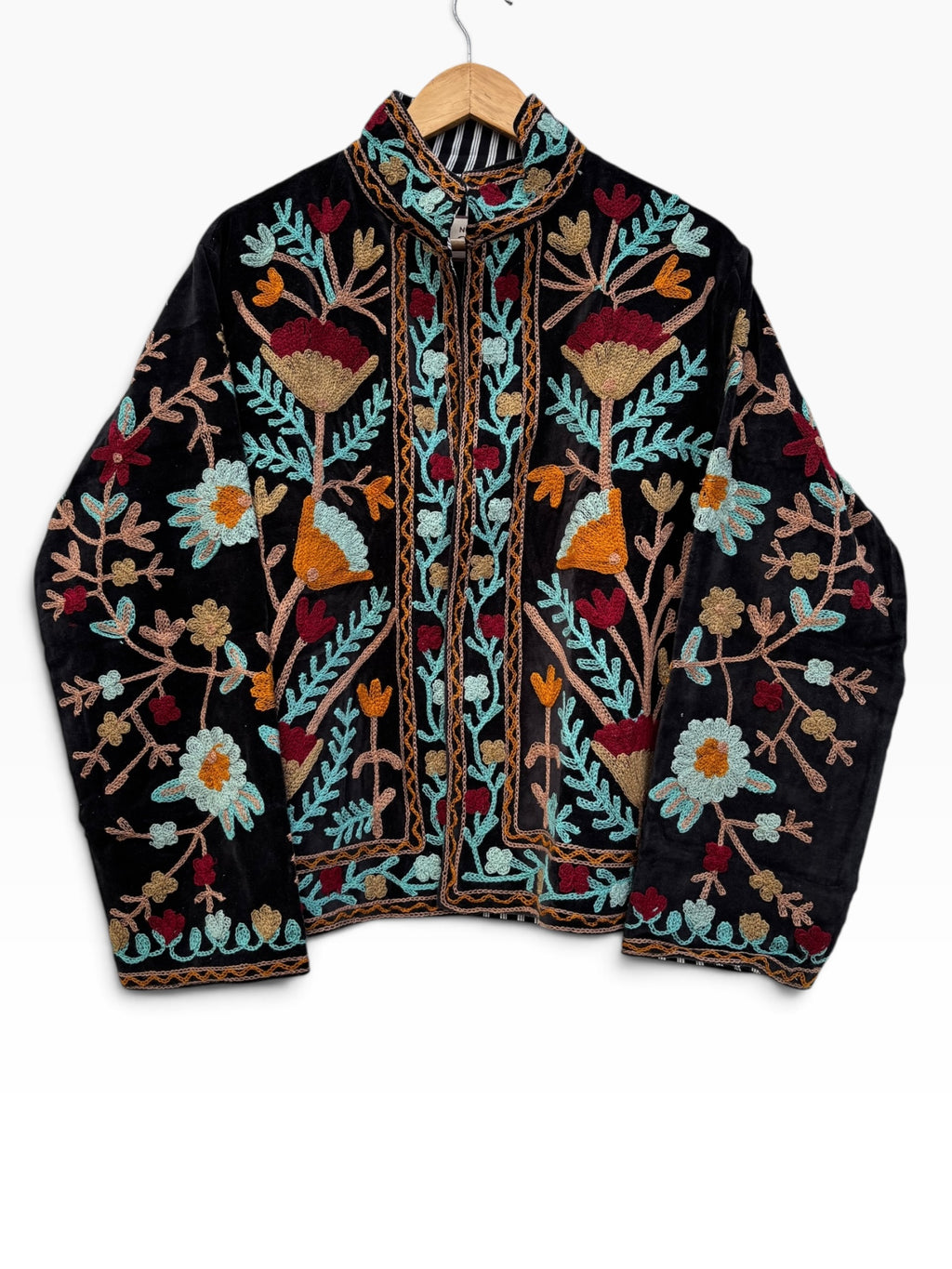 Black Velvet Suzani Floral Embroidered Jacket