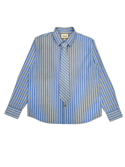 Blue and white striped shirt with a tie on a white background