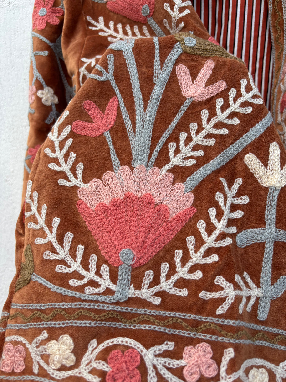 Rust Brown Velvet Suzani Floral Embroidered Jacket