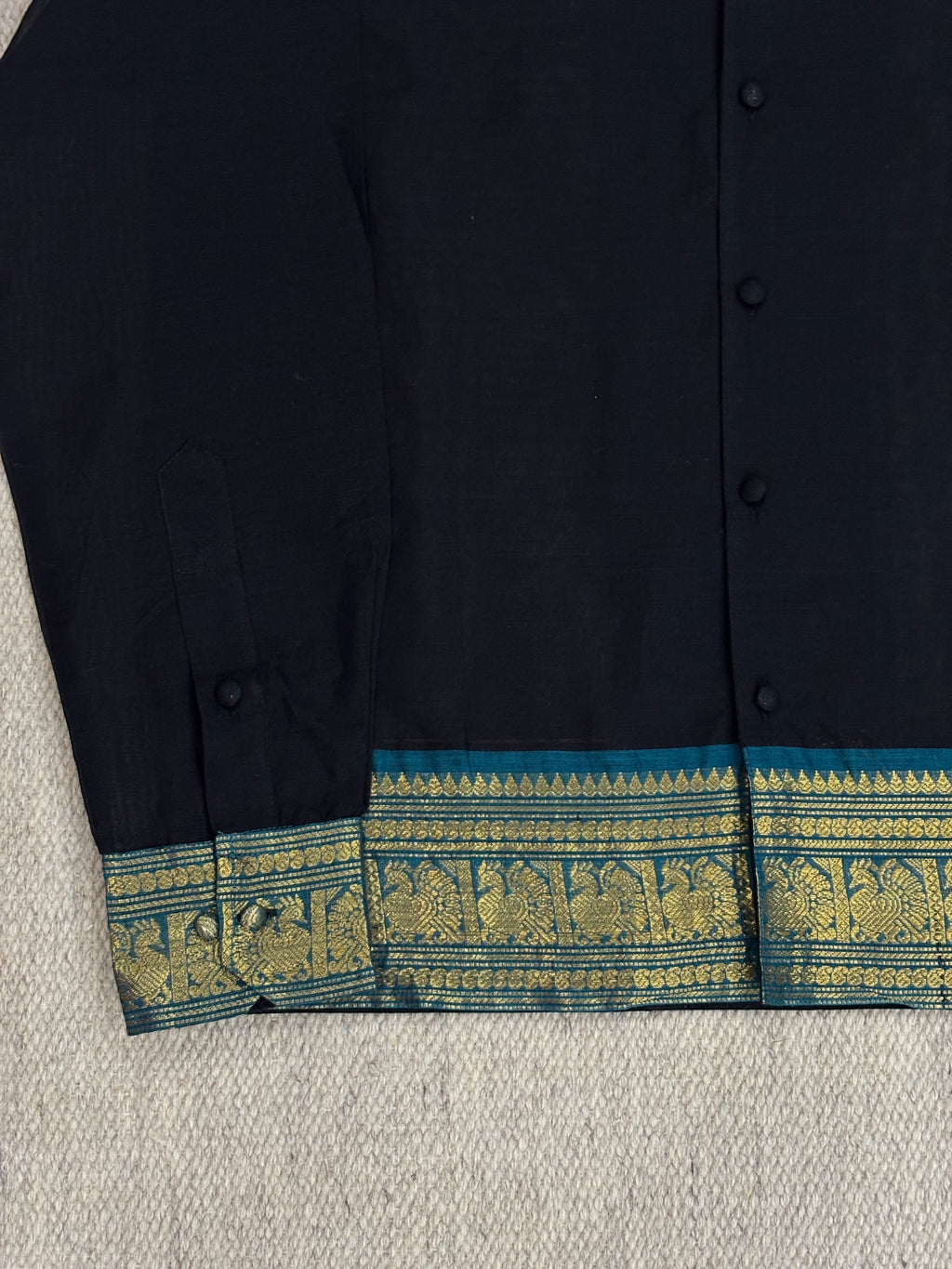 Midnight Black Teal Elephant Zari Border Cotton Shirt