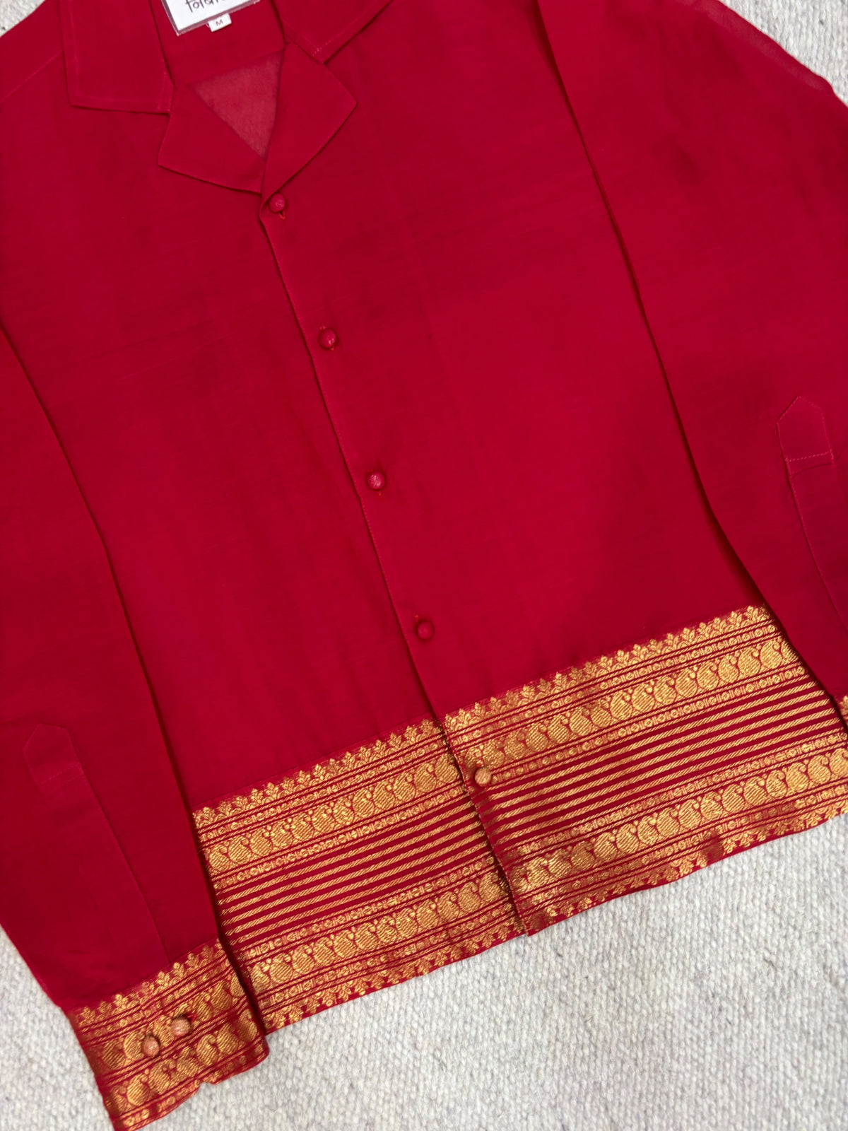Crimson Red Gold Zari Border Cotton Shirt