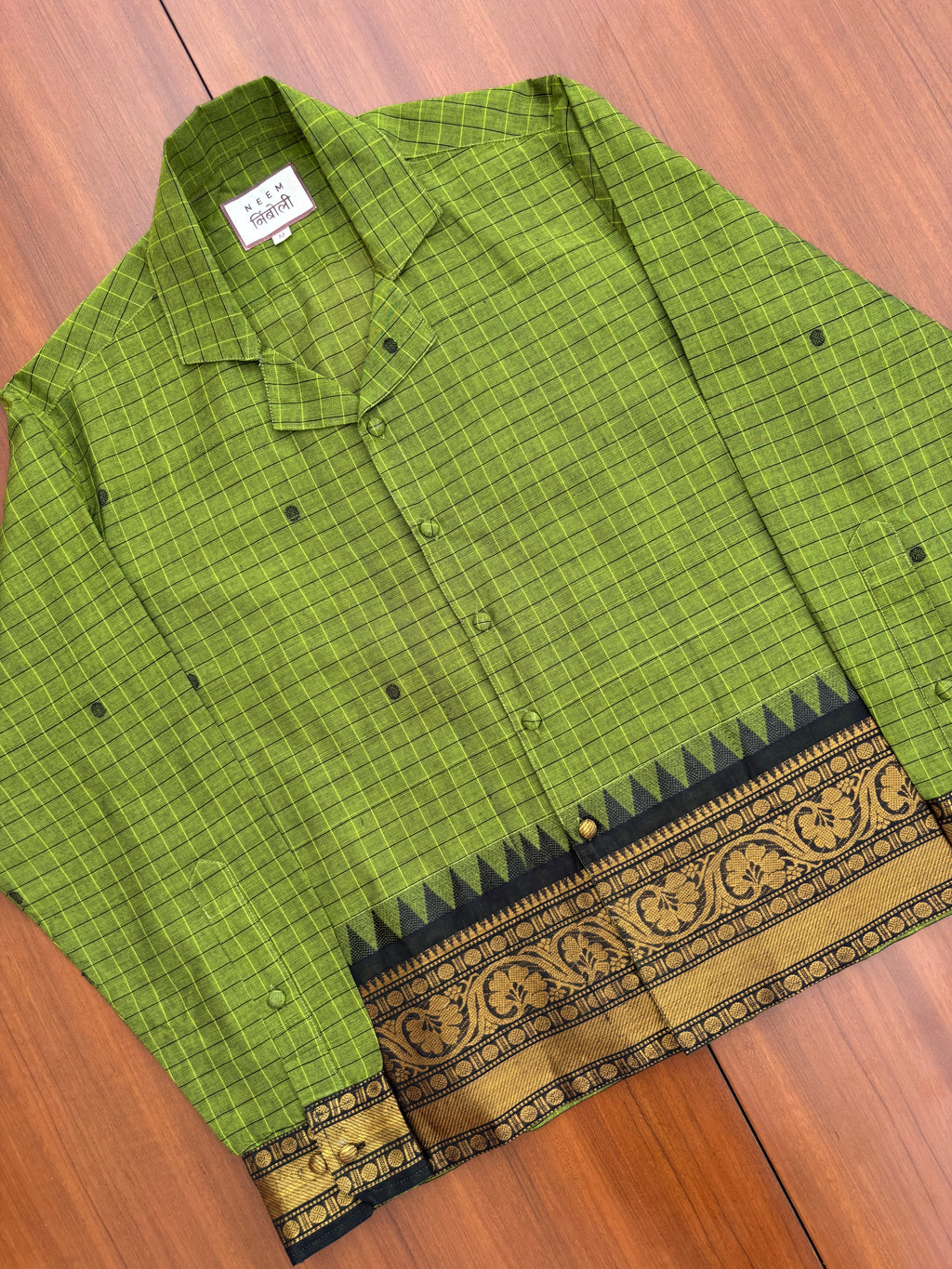 Olive Grid Floral Border Cotton Shirt