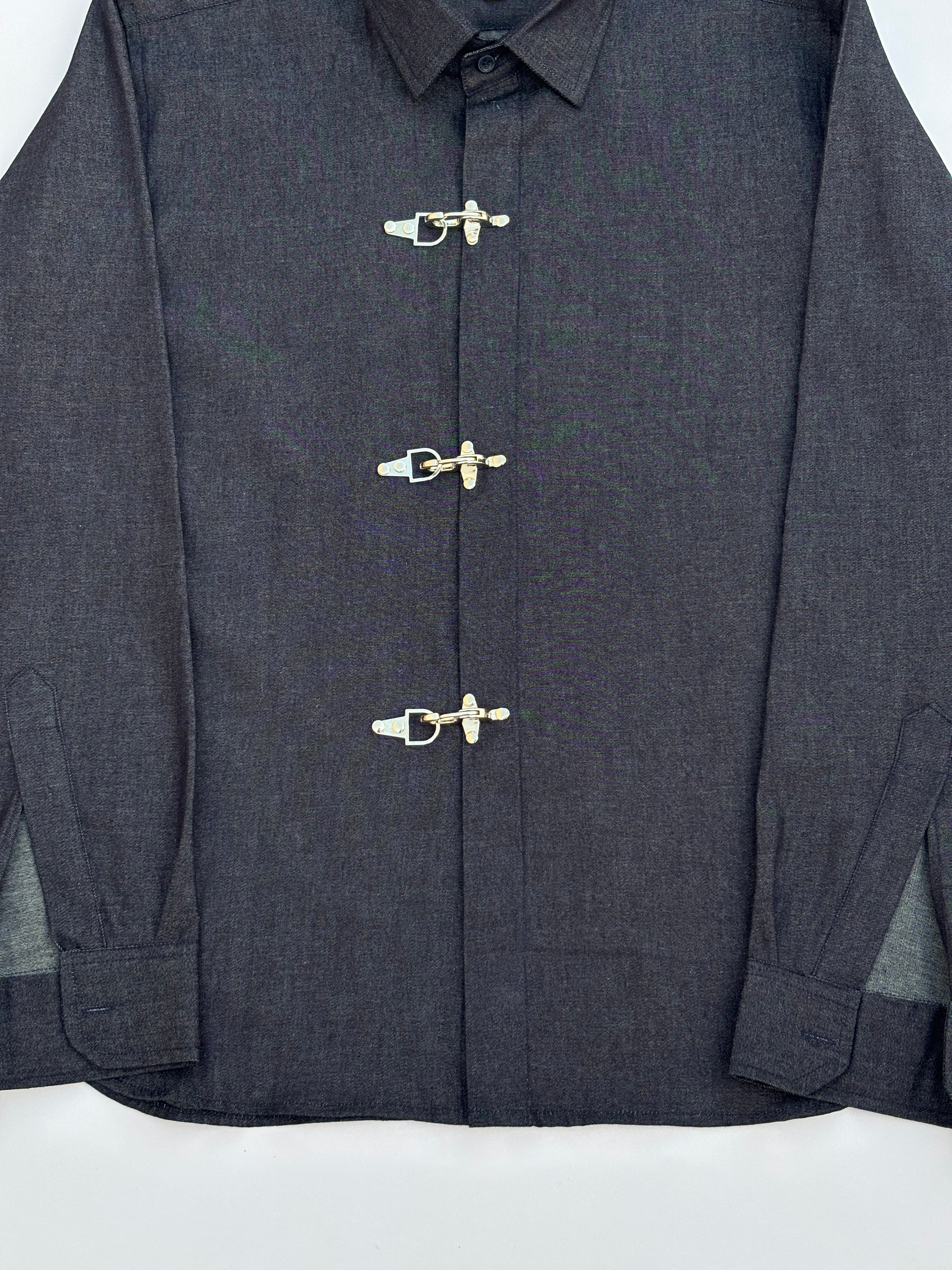 Dark gray jacket with gold buttons on a white background