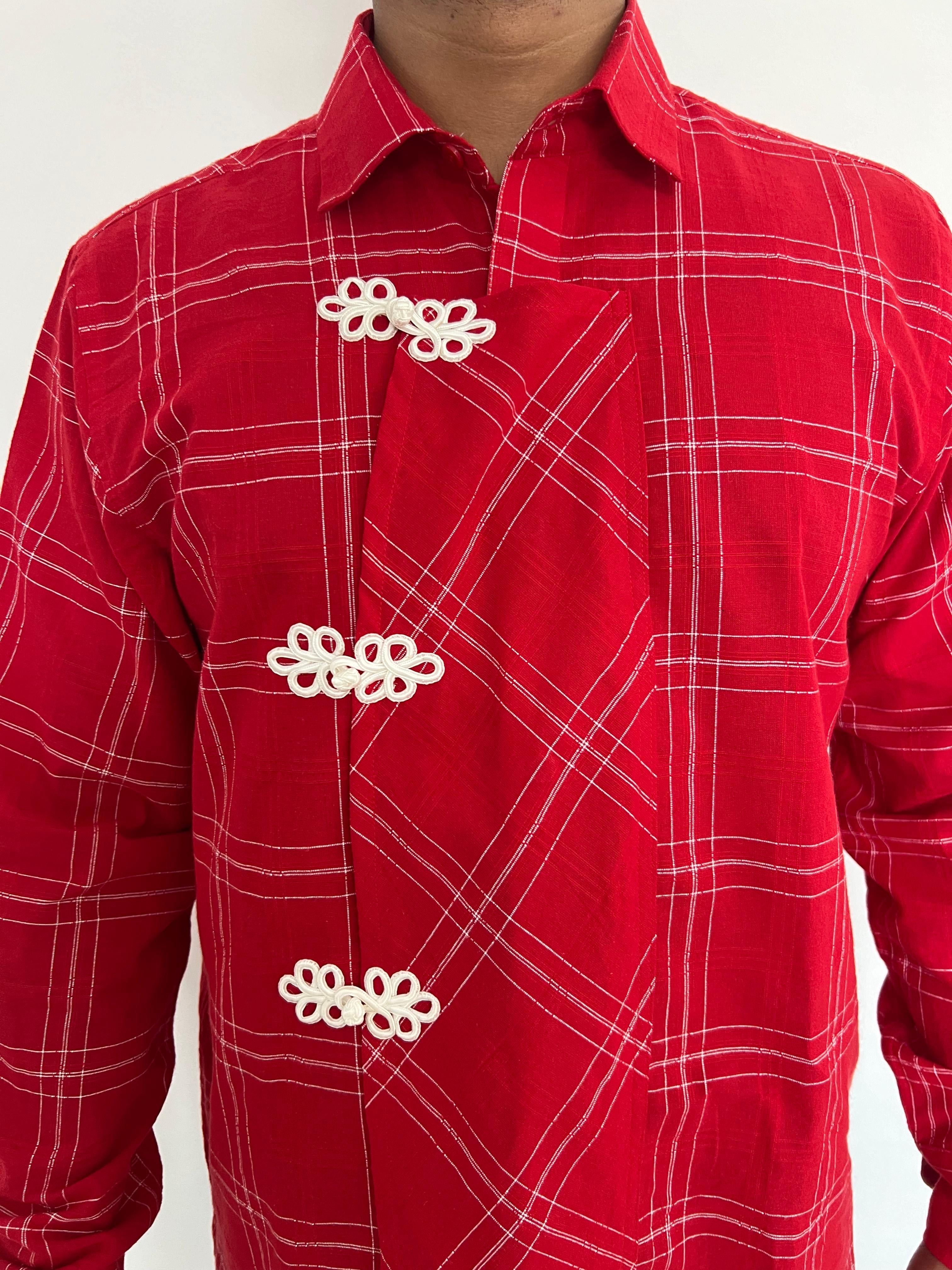 Close up Red Chinese Frog Button Up Shirt