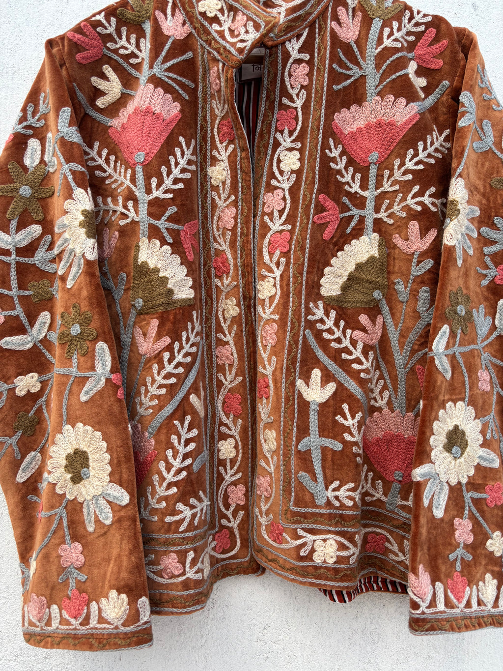 Rust Brown Velvet Suzani Floral Embroidered Jacket