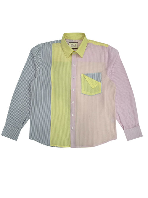 Color-blocked shirt with green, pink, and gray sections on a white background
