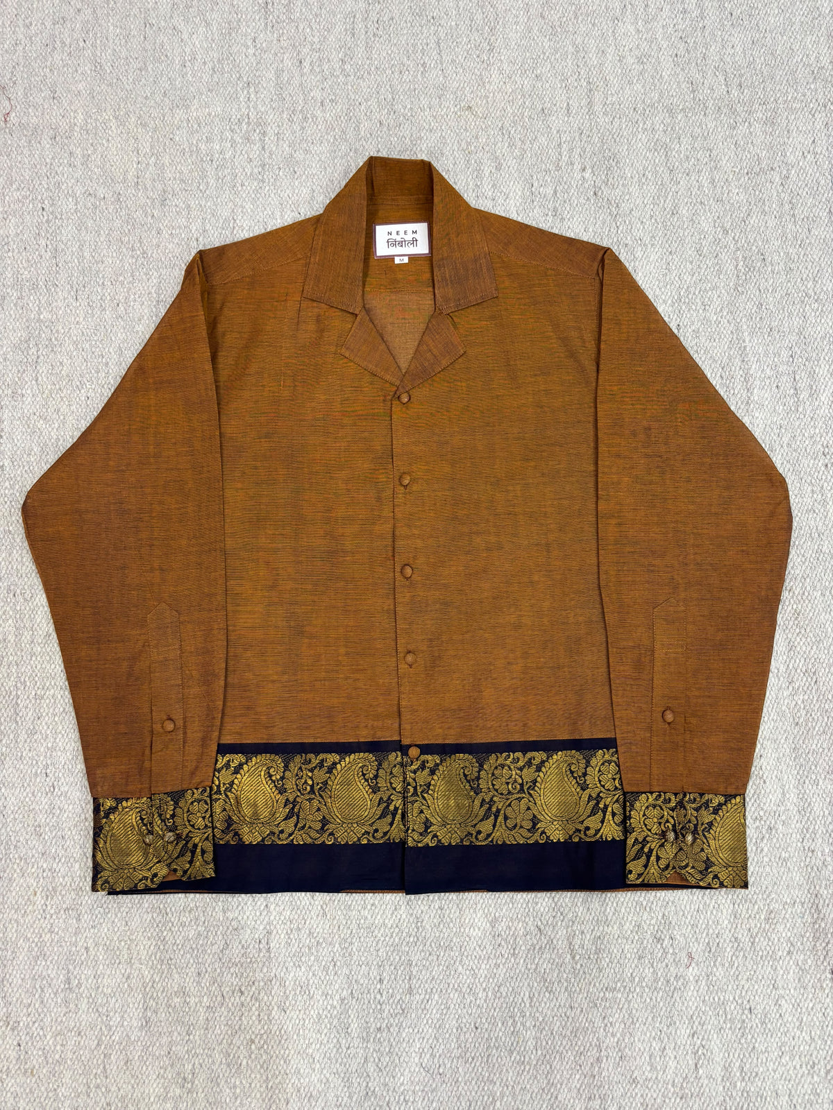 Ochre Brown Navy Paisley Zari Border Cotton Shirt