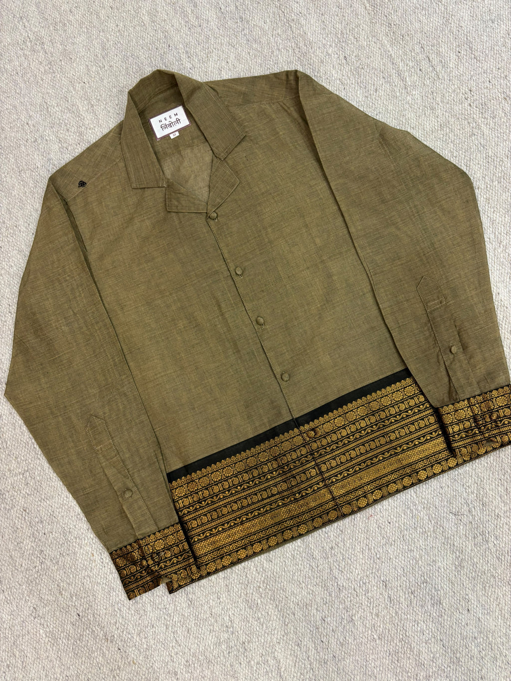 Muted Olive Black Gold Zari Border Cotton Shirt