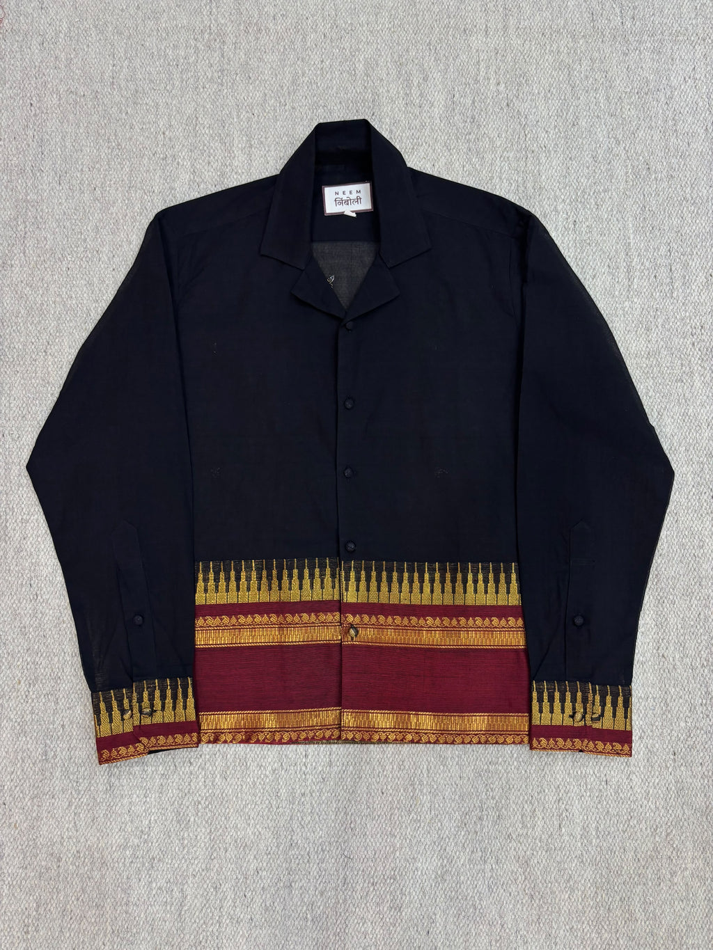 Midnight Black Maroon Zari Border Cotton Shirt