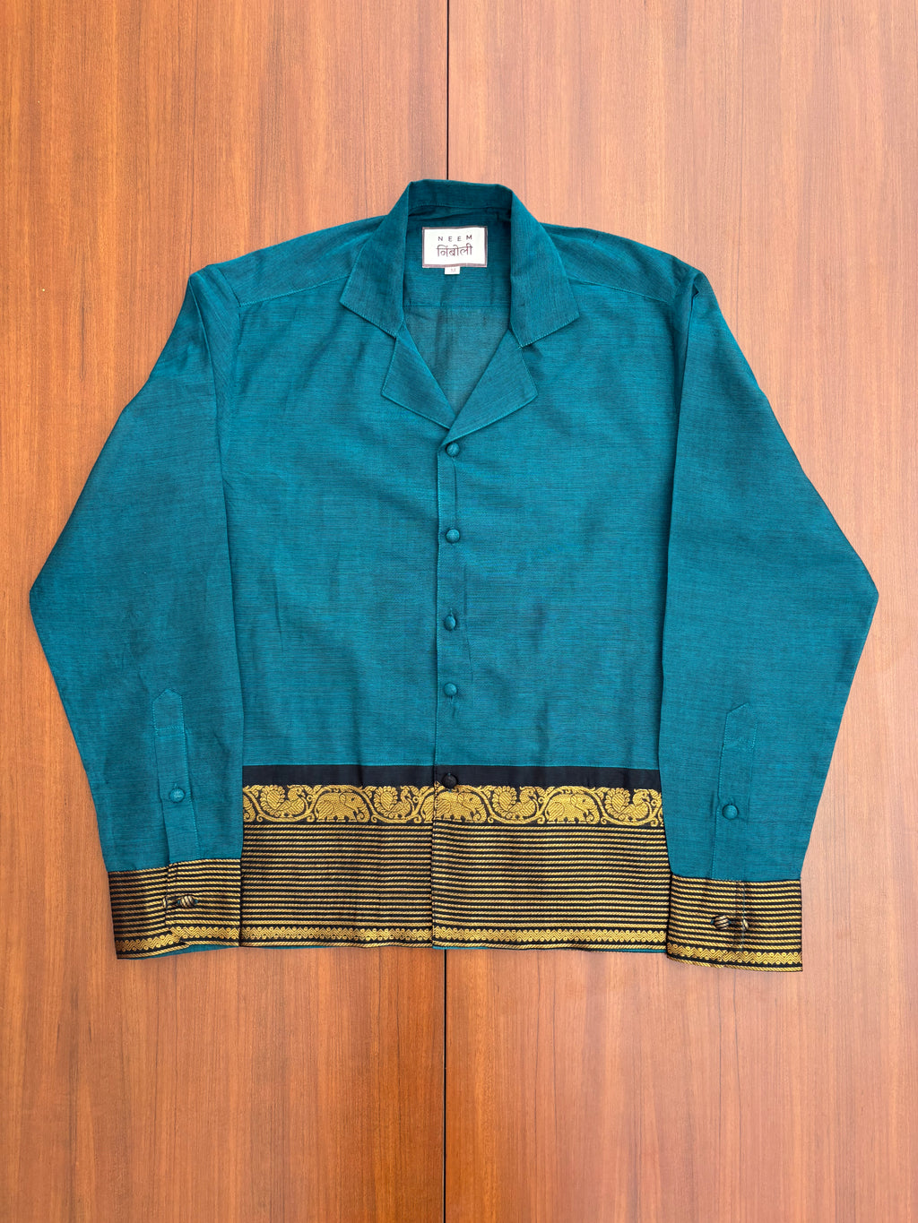 Teal Blue Elephant Border Cotton Shirt