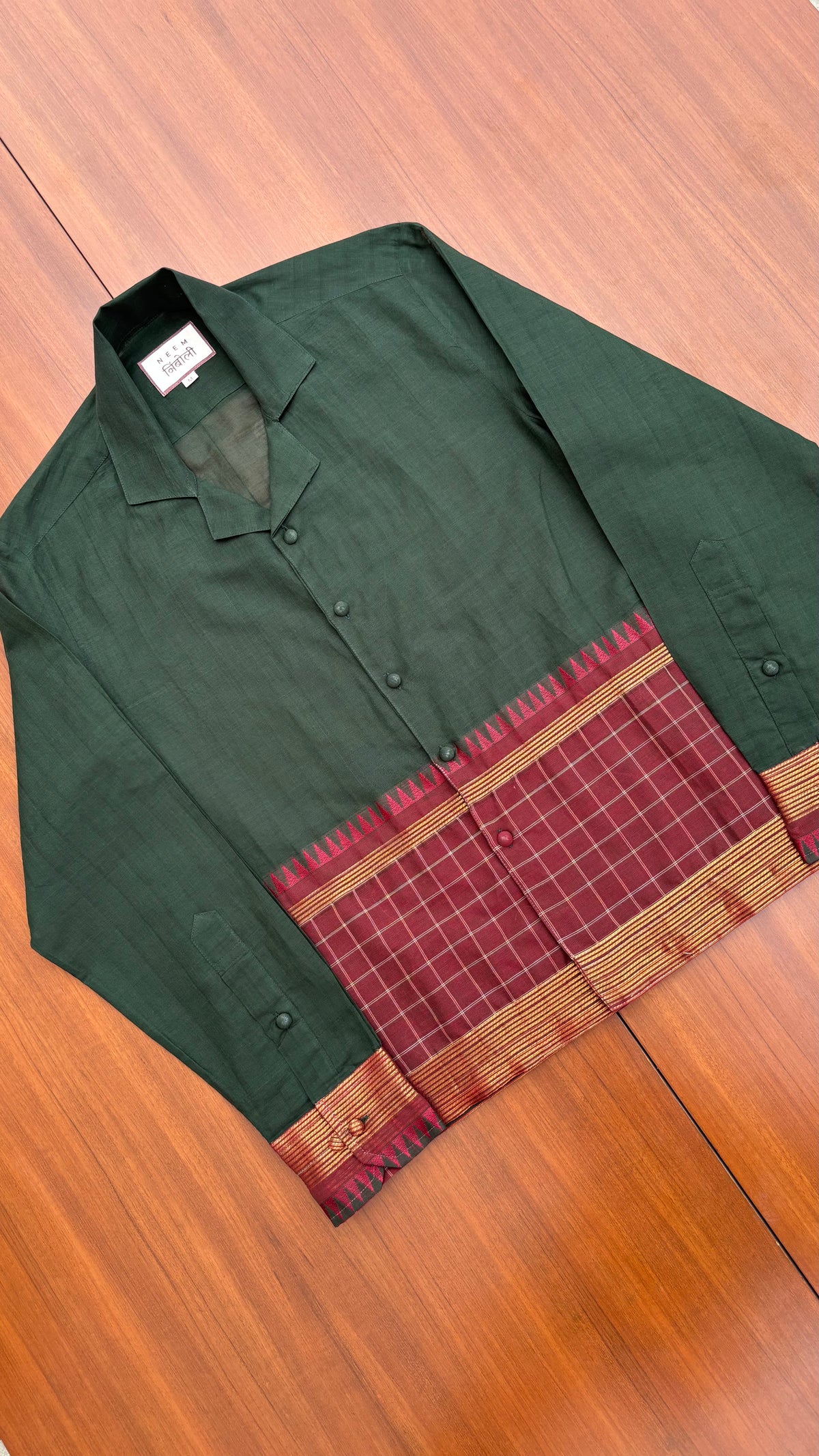 Forest Green Temple Border Cotton Shirt