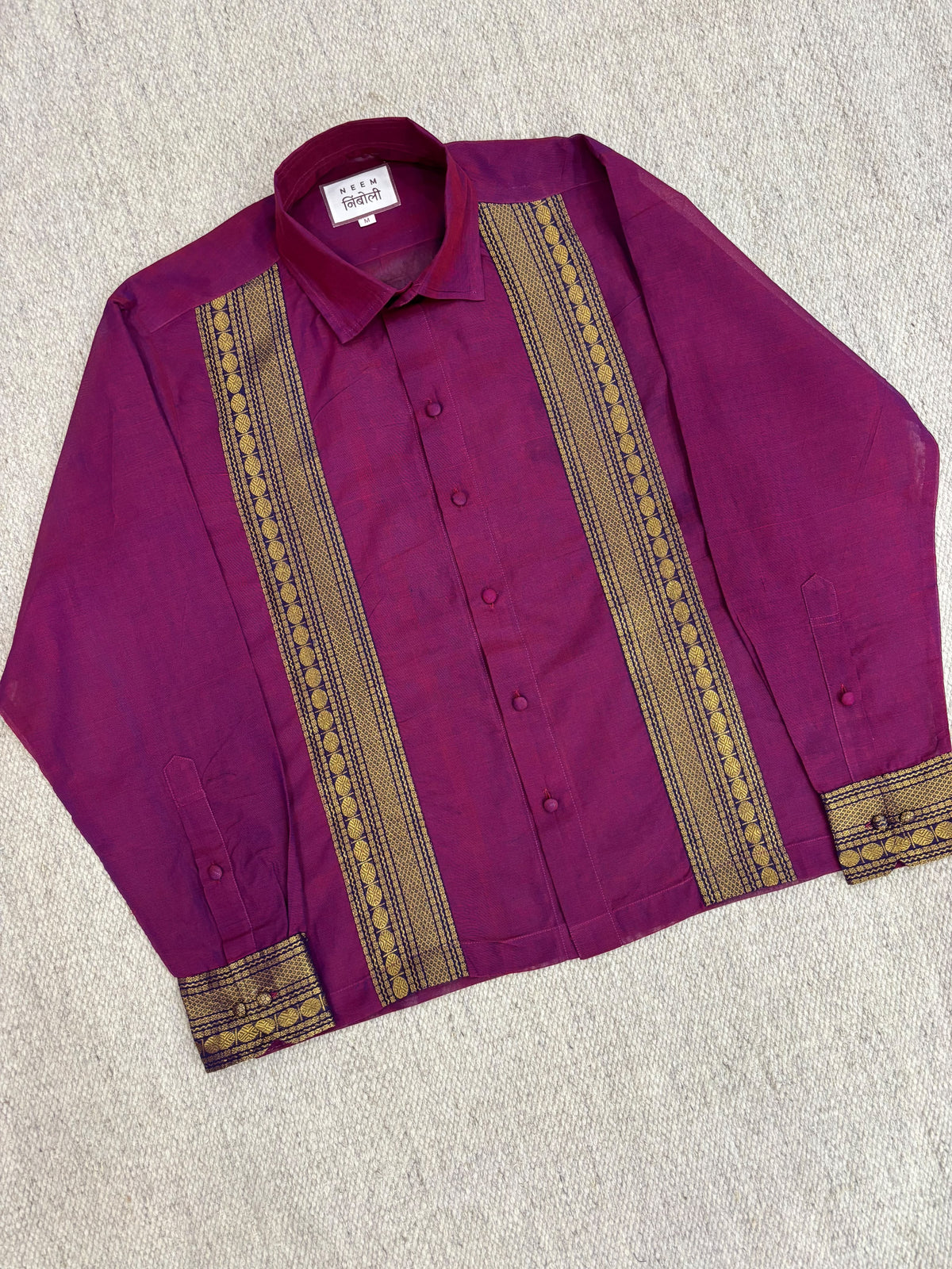 Magenta Vertical Zari Panel Cotton Shirt