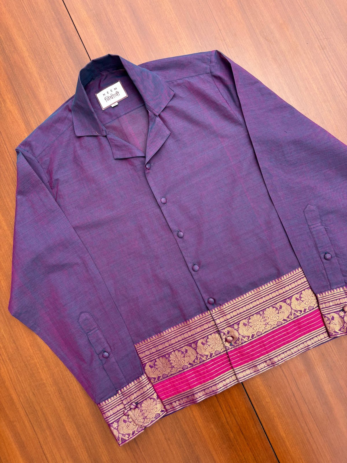 Royal Purple Peacock Border Cotton Shirt