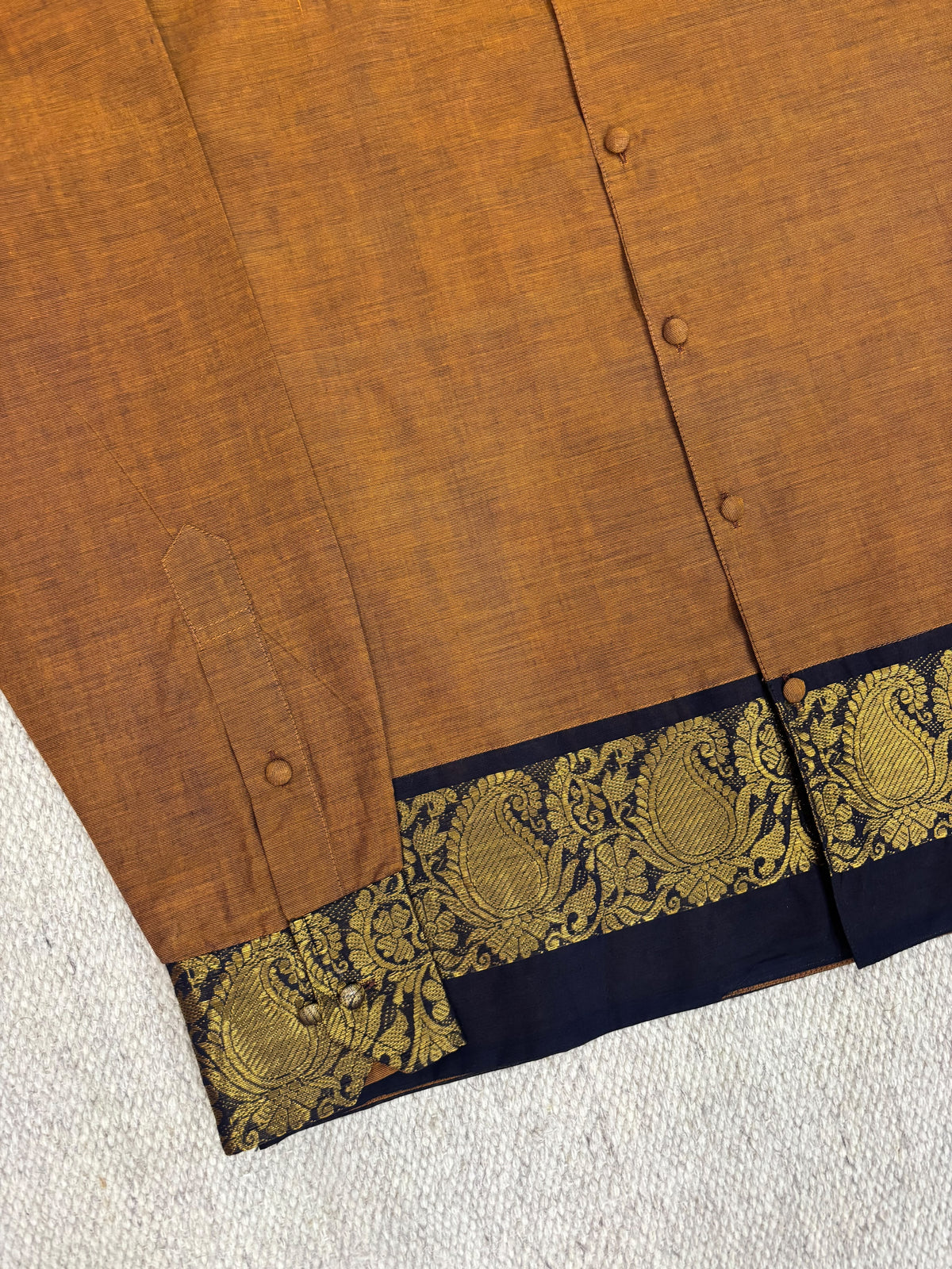 Ochre Brown Navy Paisley Zari Border Cotton Shirt
