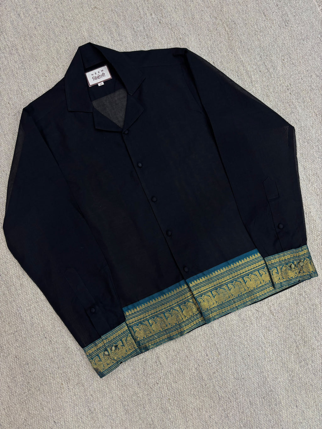 Midnight Black Teal Elephant Zari Border Cotton Shirt