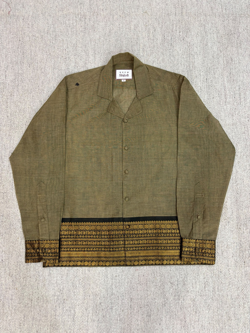 Muted Olive Black Gold Zari Border Cotton Shirt