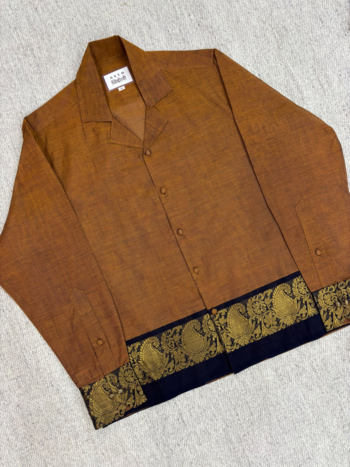 Ochre Brown Navy Paisley Zari Border Cotton Shirt