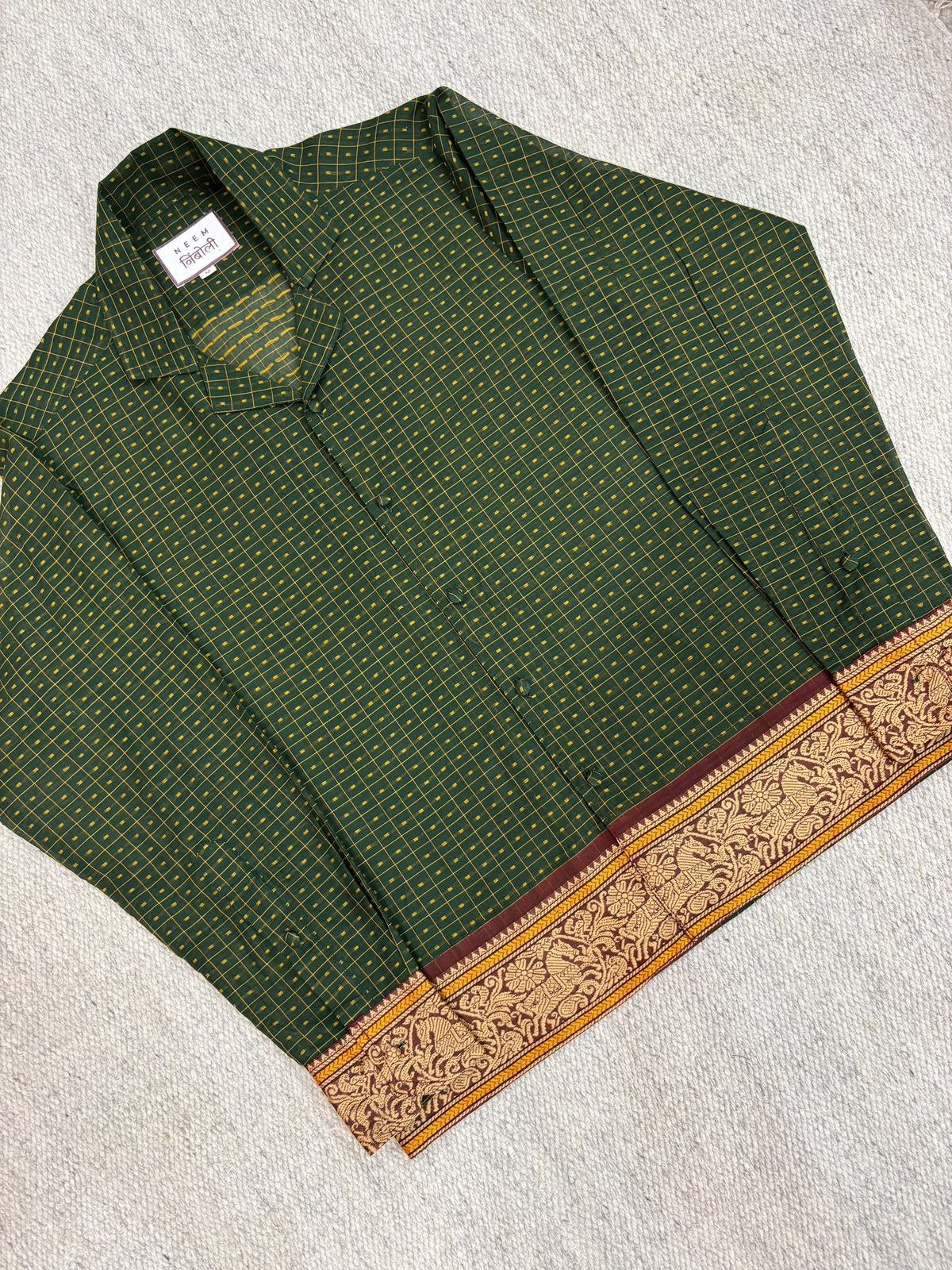 Olive Grid Horse Motif Border Cotton Shirt