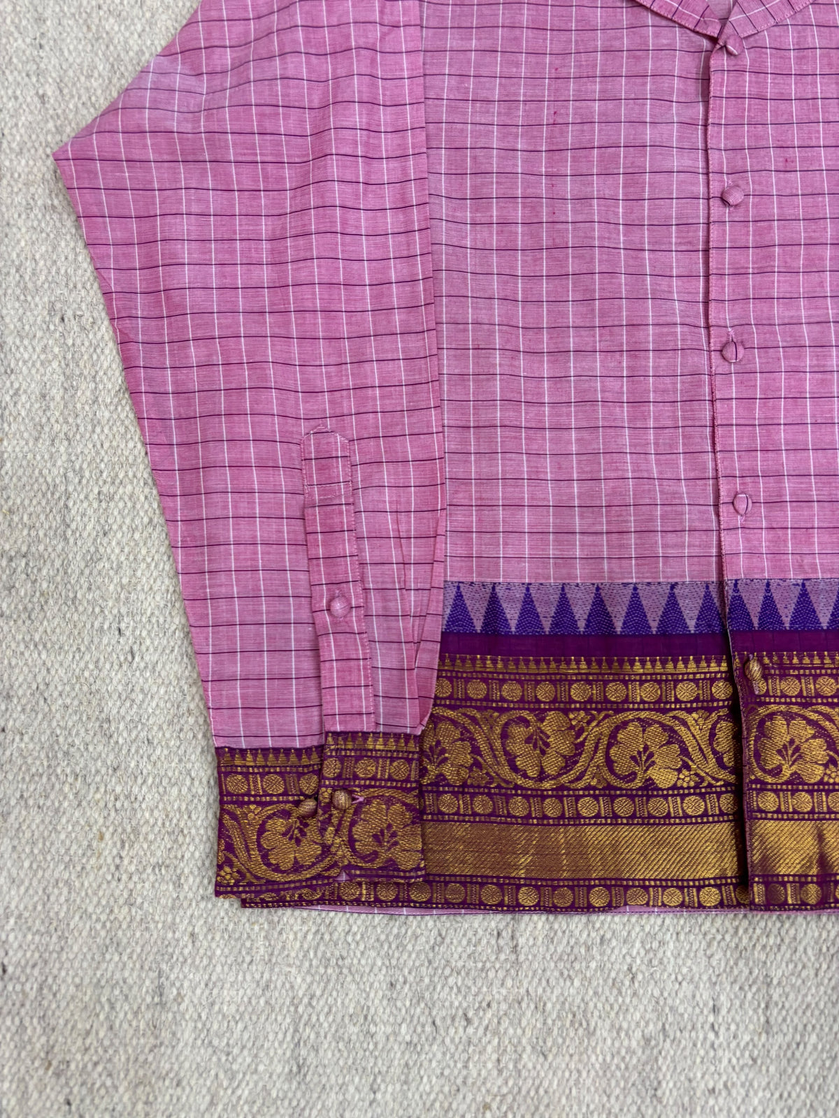 Pink Grid Temple Zari Border Cotton Shirt