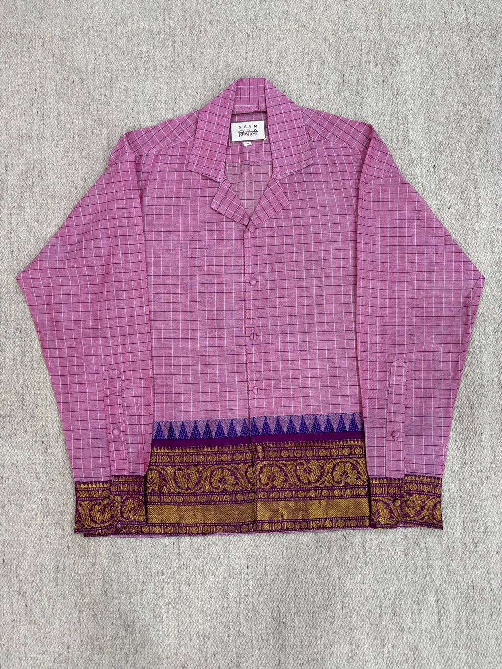 Pink Grid Temple Zari Border Cotton Shirt