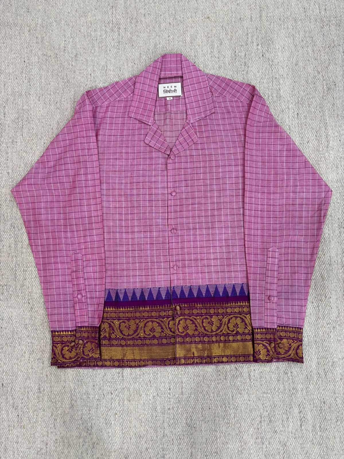 Pink Grid Temple Zari Border Cotton Shirt