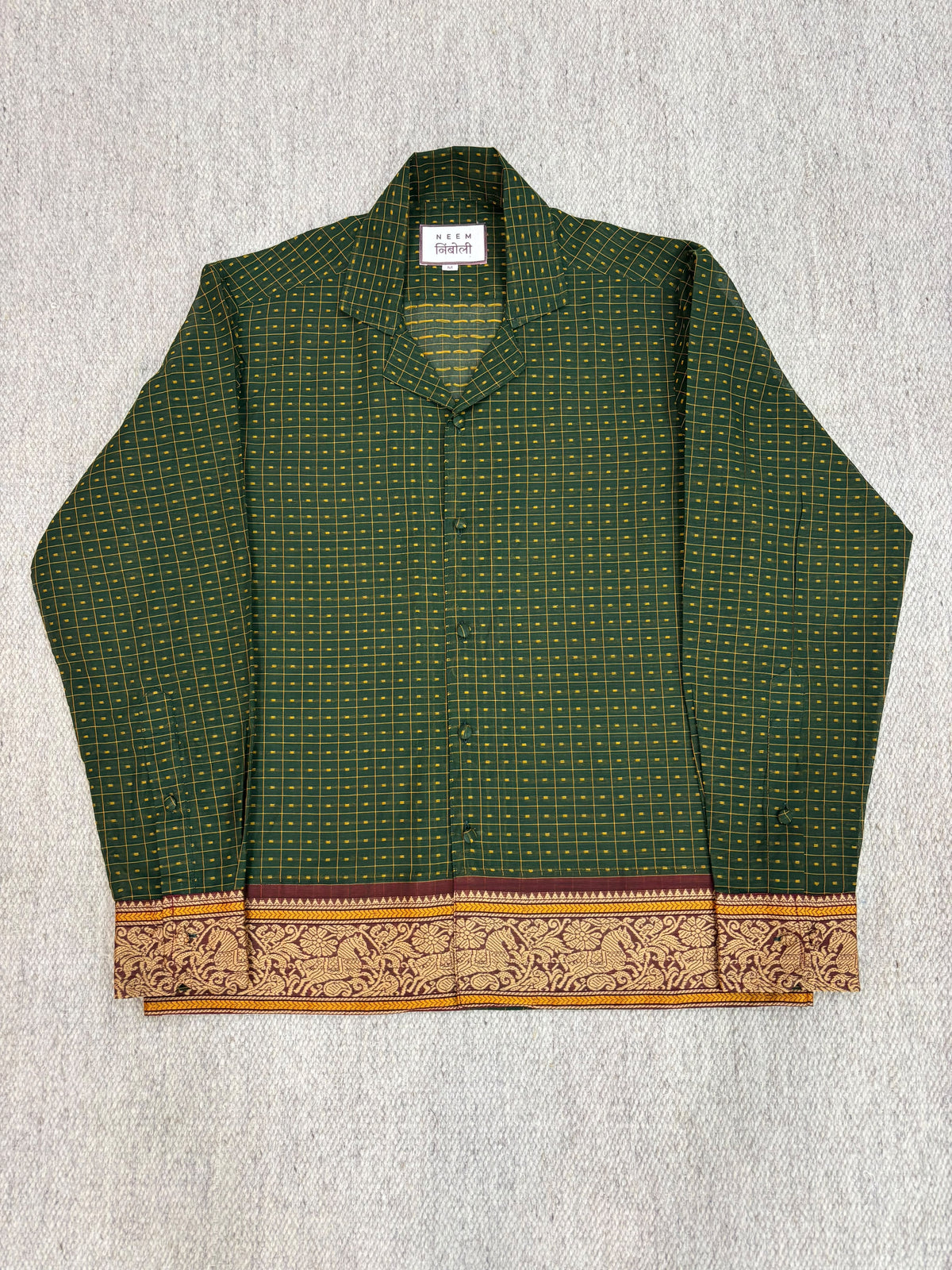 Olive Grid Horse Motif Border Cotton Shirt