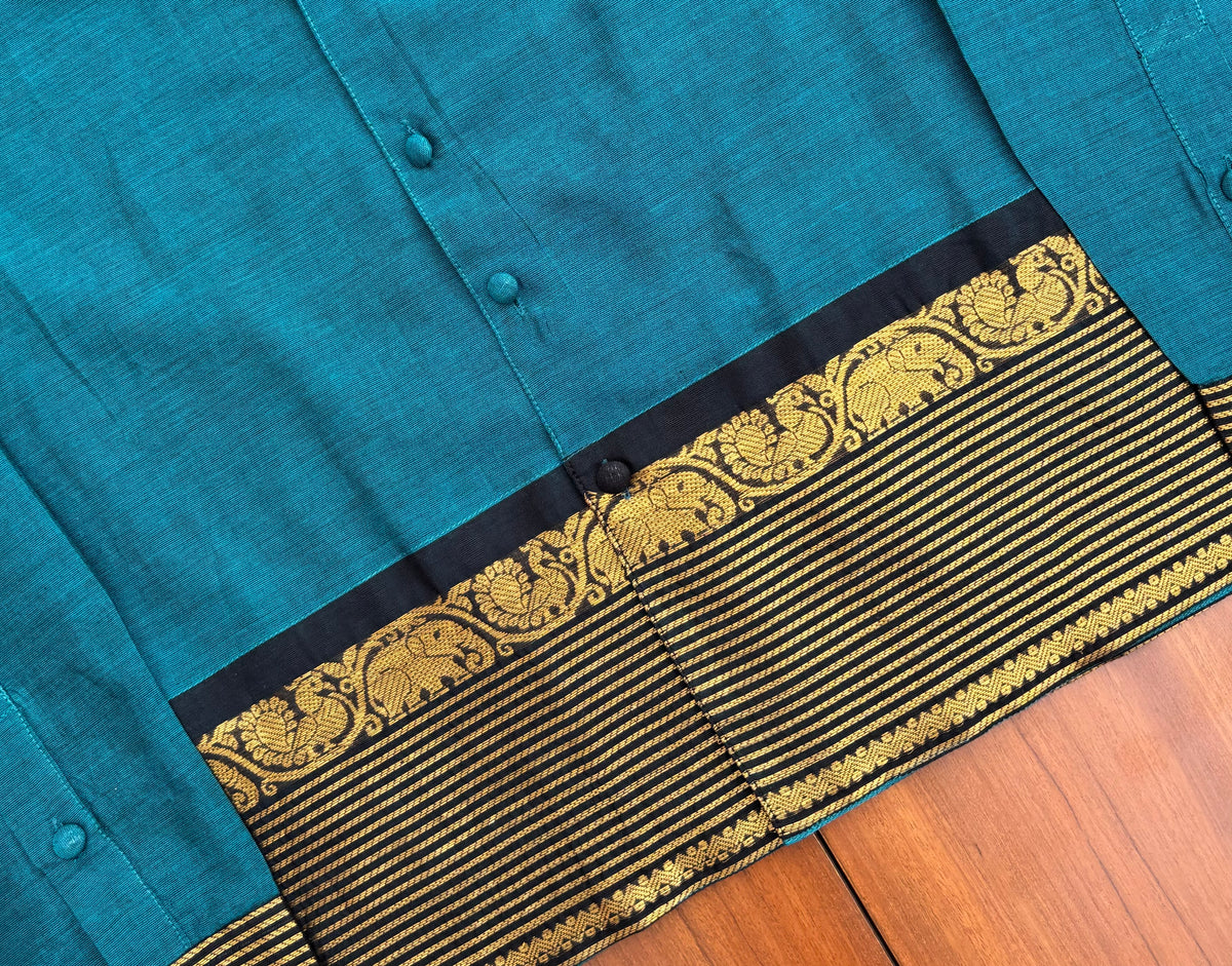 Teal Blue Elephant Border Cotton Shirt