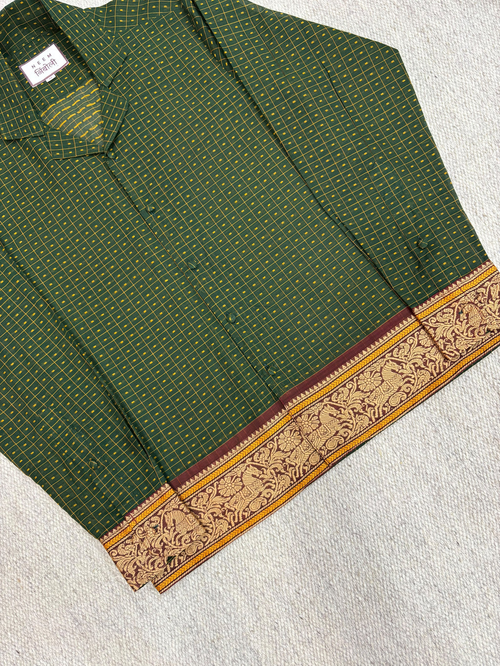 Olive Grid Horse Motif Border Cotton Shirt