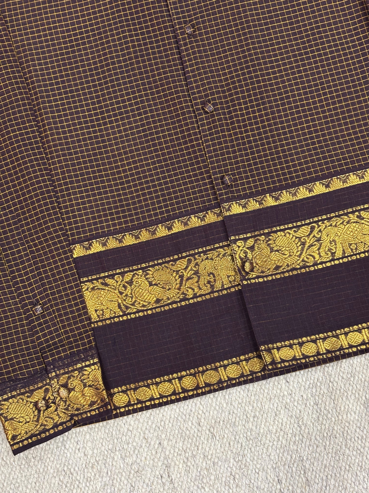 Dark Chocolate Grid Elephant Zari Border Cotton Shirt