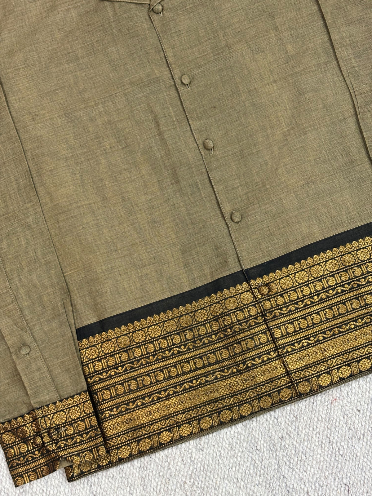 Muted Olive Black Gold Zari Border Cotton Shirt
