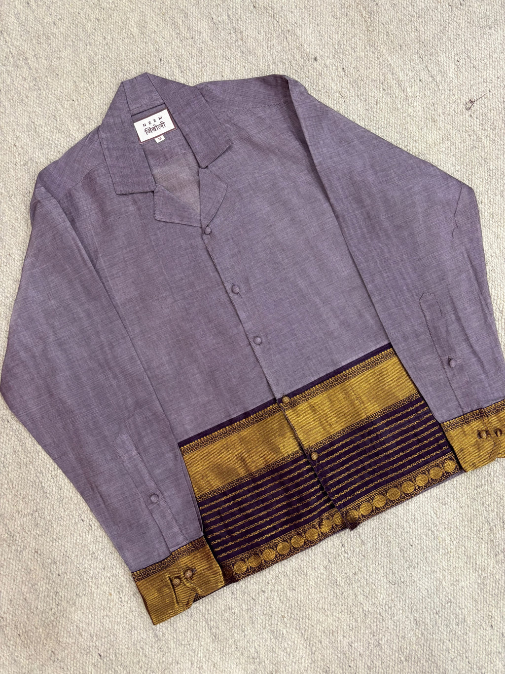 Slate Grey Striped Gold Zari Border Cotton Shirt