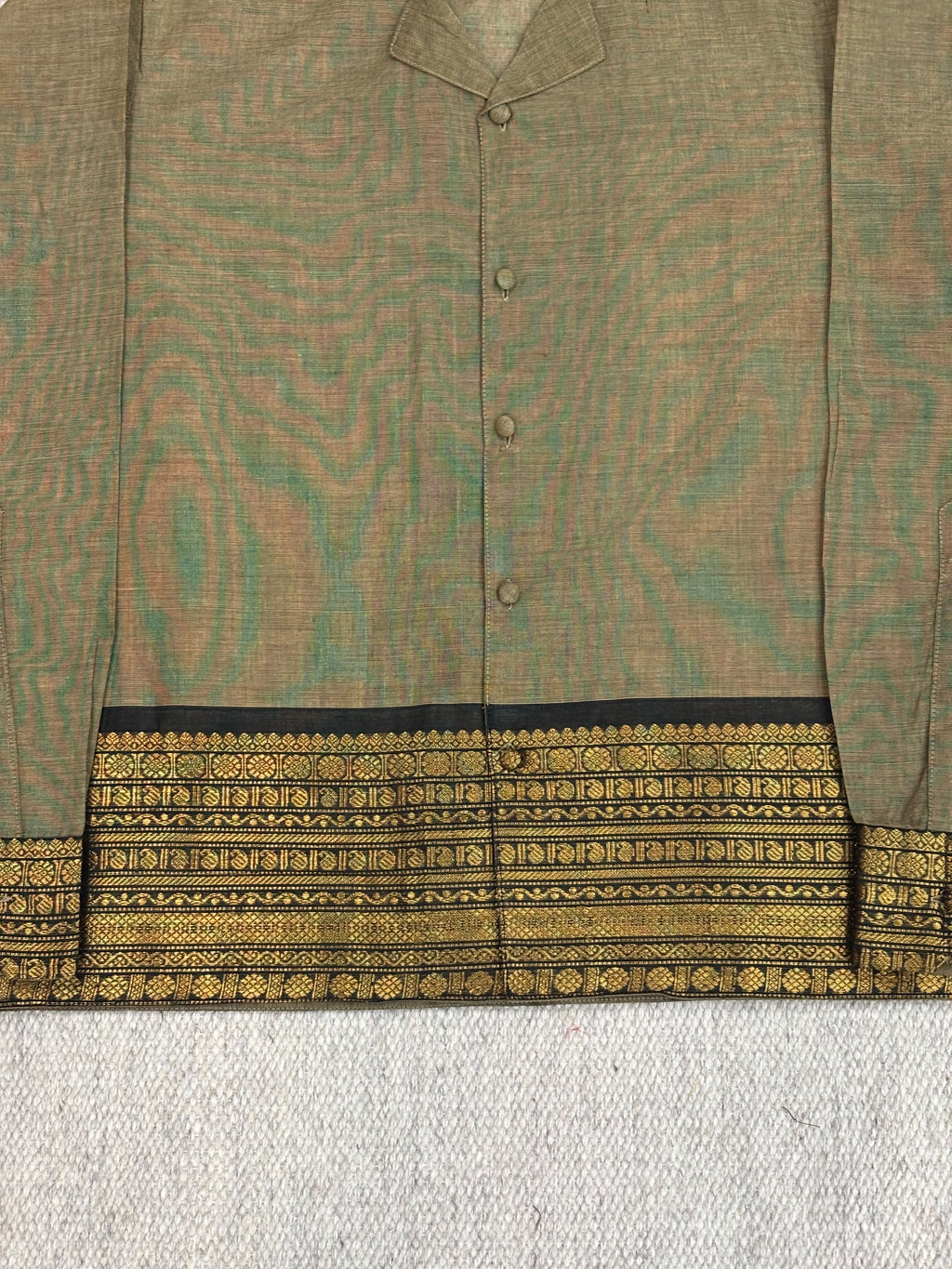 Muted Olive Black Gold Zari Border Cotton Shirt