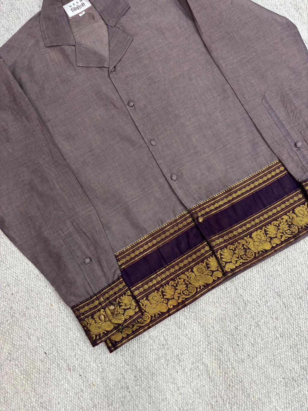 Muted Mauve Purple Peacock Zari Border Cotton Shirt