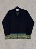 Midnight Black Teal Elephant Zari Border Cotton Shirt