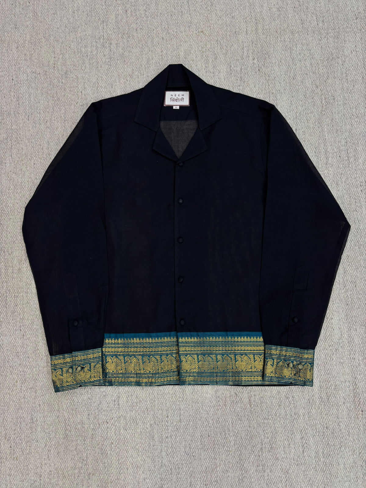 Midnight Black Teal Elephant Zari Border Cotton Shirt