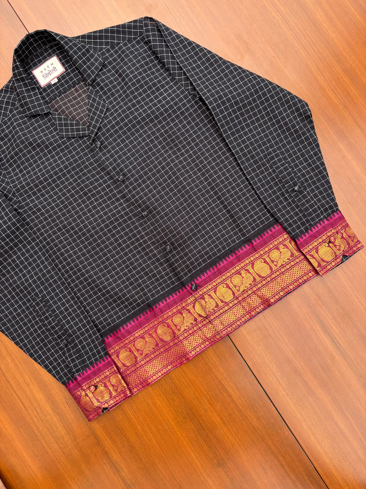 Midnight Grid Peacock Border Cotton Shirt
