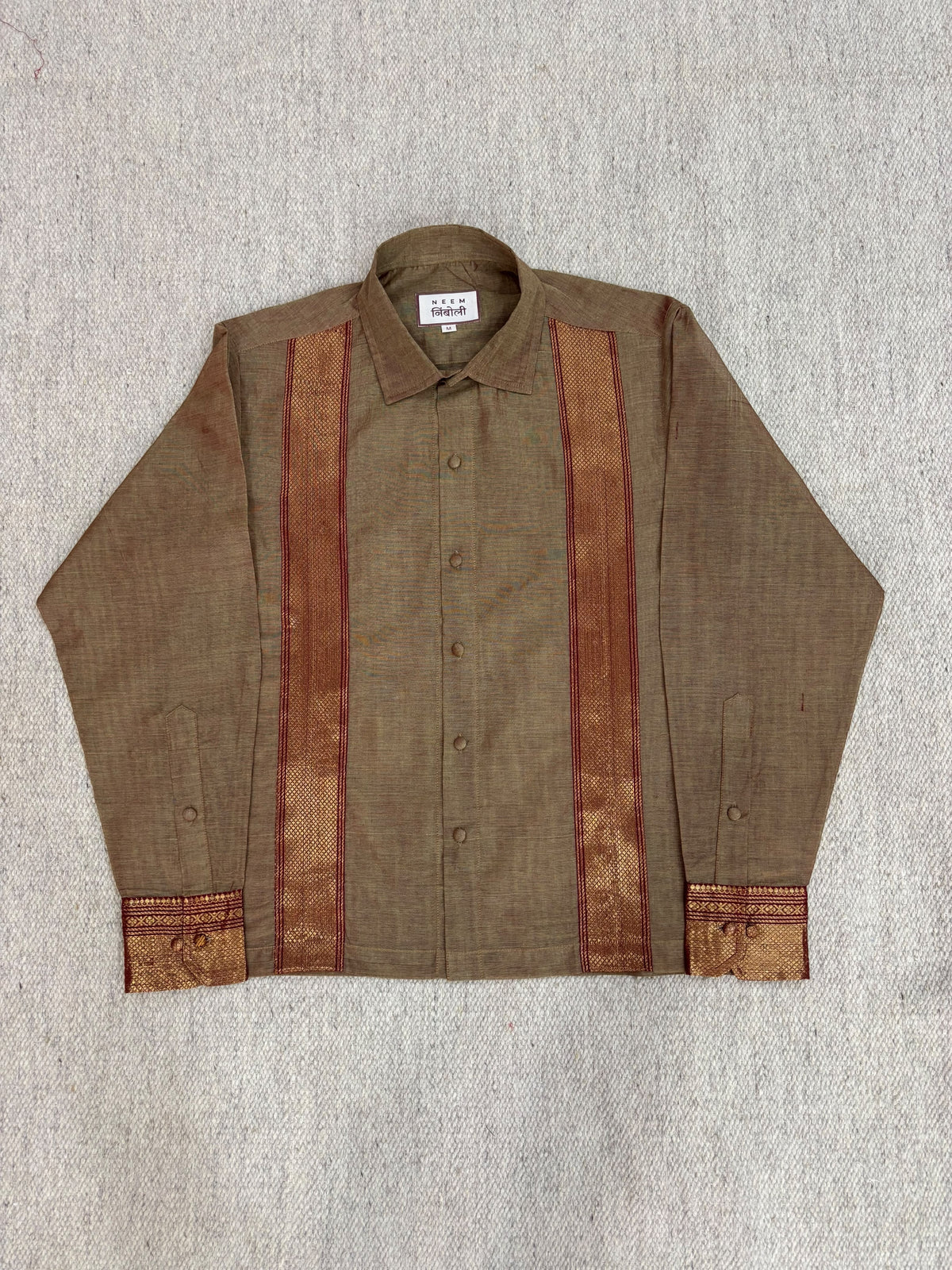 Warm Taupe Vertical Zari Panel Cotton Shirt