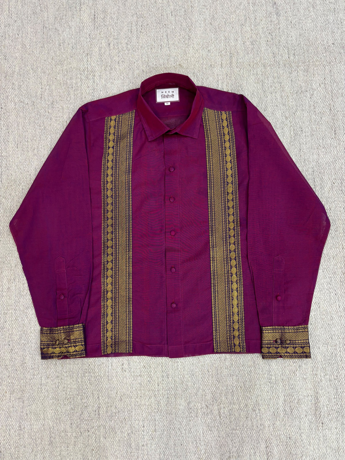 Magenta Vertical Zari Panel Cotton Shirt